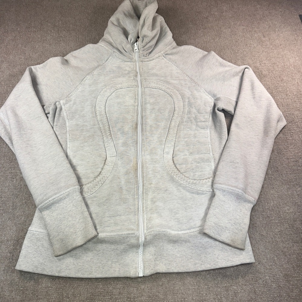 Lululemon Scuba Full Zip Hoodie Heathered Light Grey Size 6 Thumbholes Stained